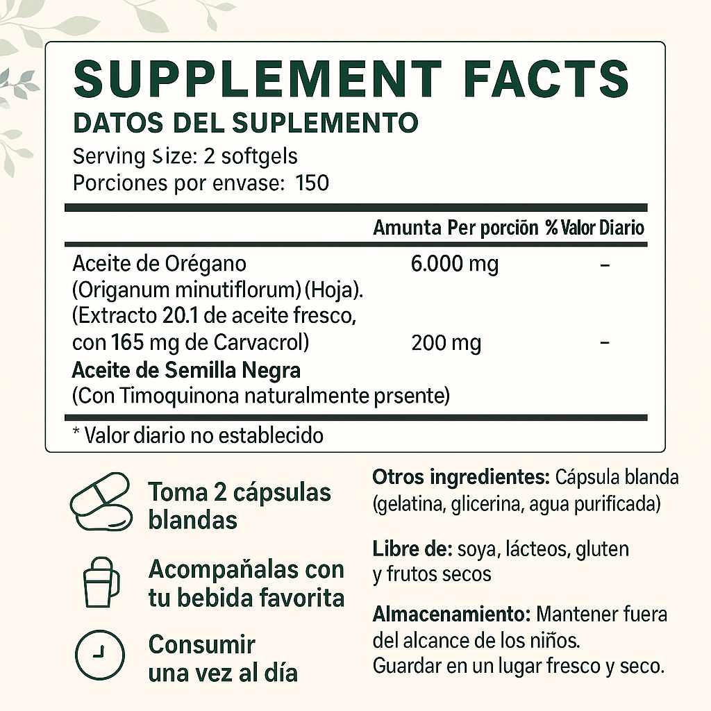 CAPSULAS BLANDAS PARA EL SISTEMA INMUNOLOGICO DE OREGANO + SEMILLAS NEGRAS