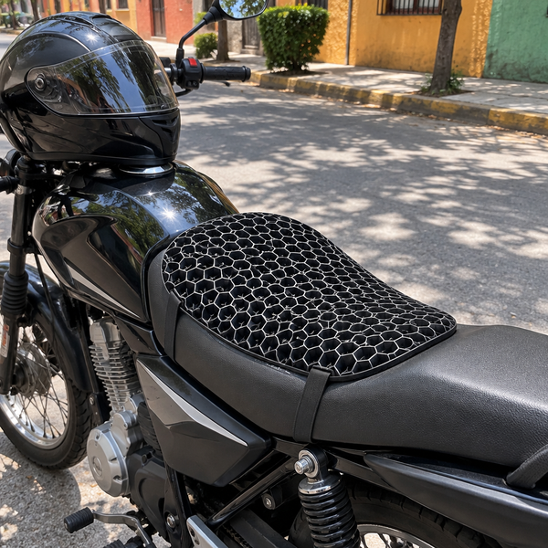 Moto estacionada con el cojín en el asiento