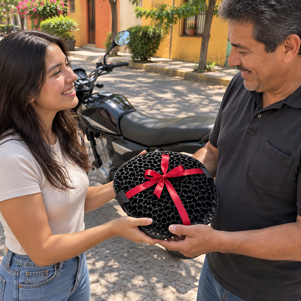 Una hija le regala el cojín con moño rojo a su papá junto a su moto