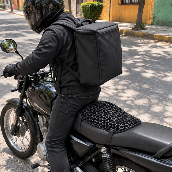 Repartidor en su moto con el cojín en el asiento