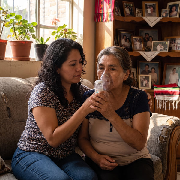 Hija y mamá usan el nebulizador en la sala