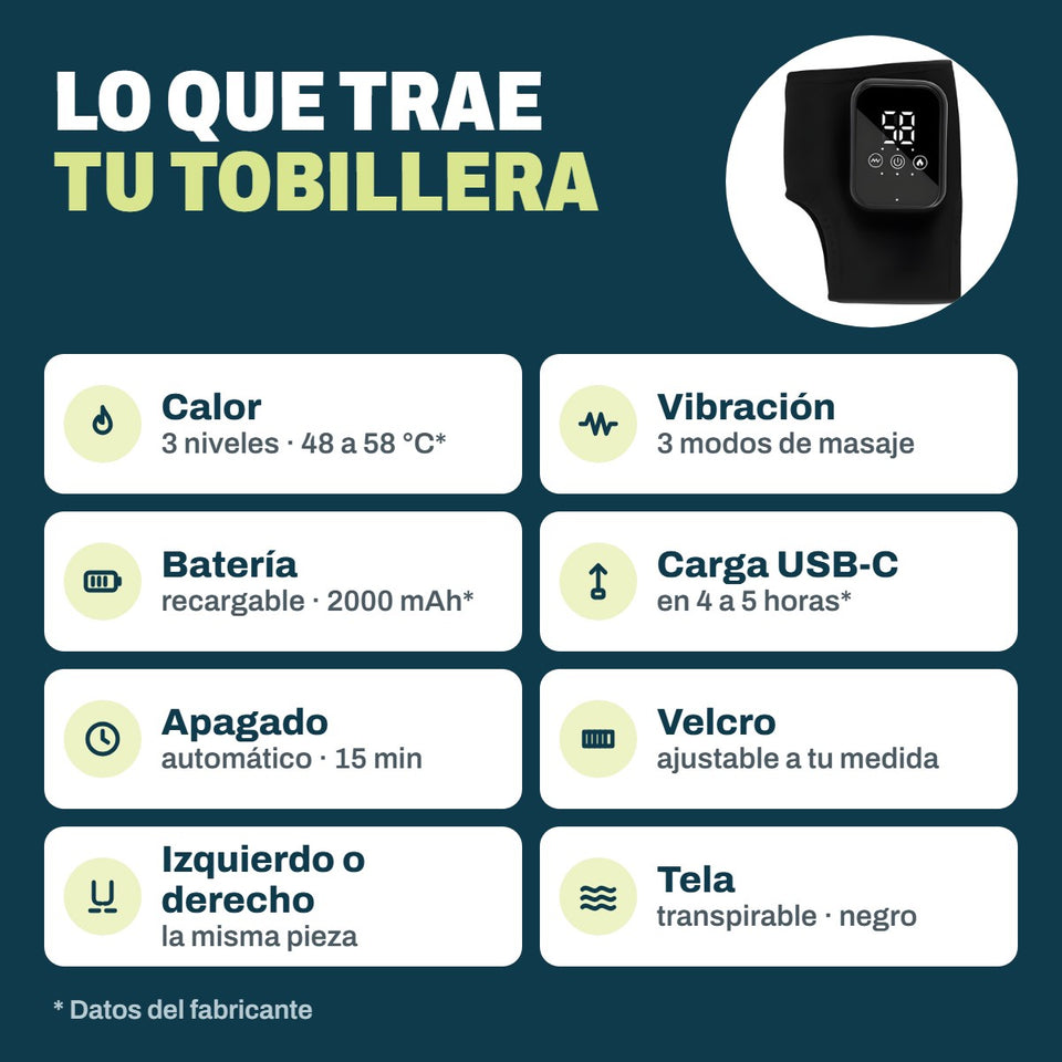 Lo que trae tu tobillera: calor, vibración, batería, USB-C, apagado, velcro