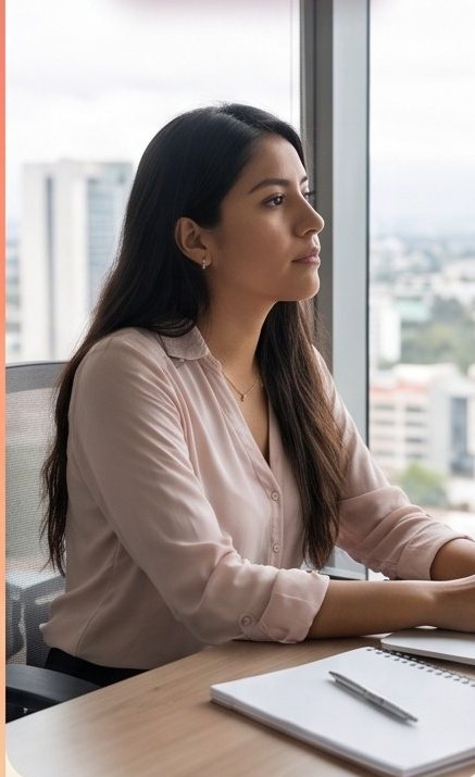 Mujer en su escritorio mirando por la ventana