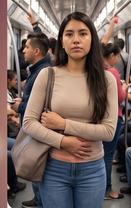 Mujer de pie en un vagón del metro lleno