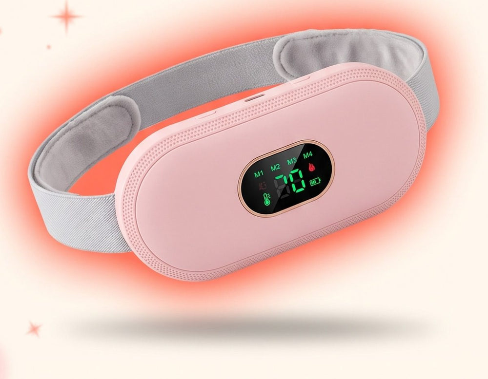 Cinturón térmico: almohadilla rosa con pantalla digital y correa elástica gris