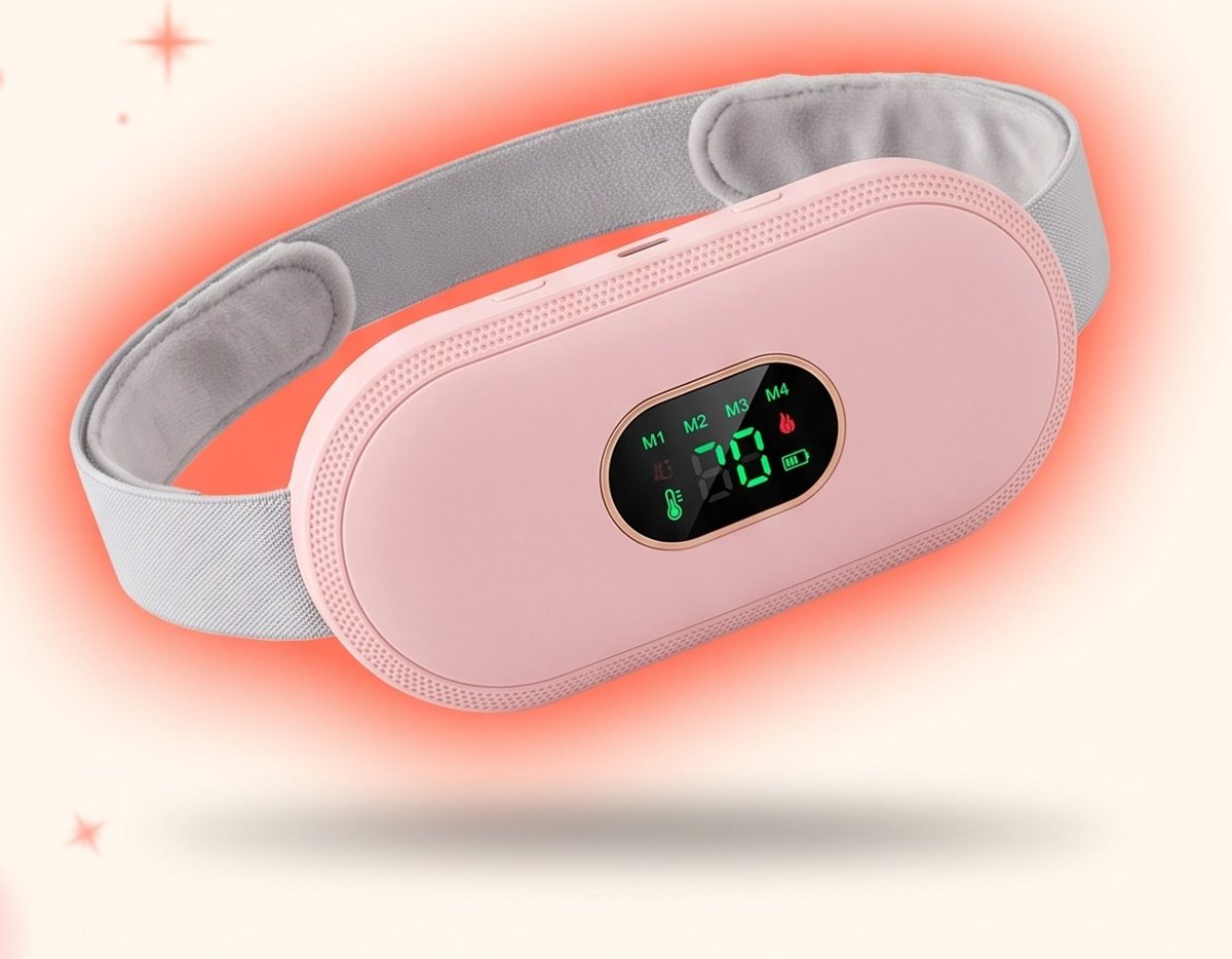 Cinturón térmico: almohadilla rosa con pantalla digital y correa elástica gris