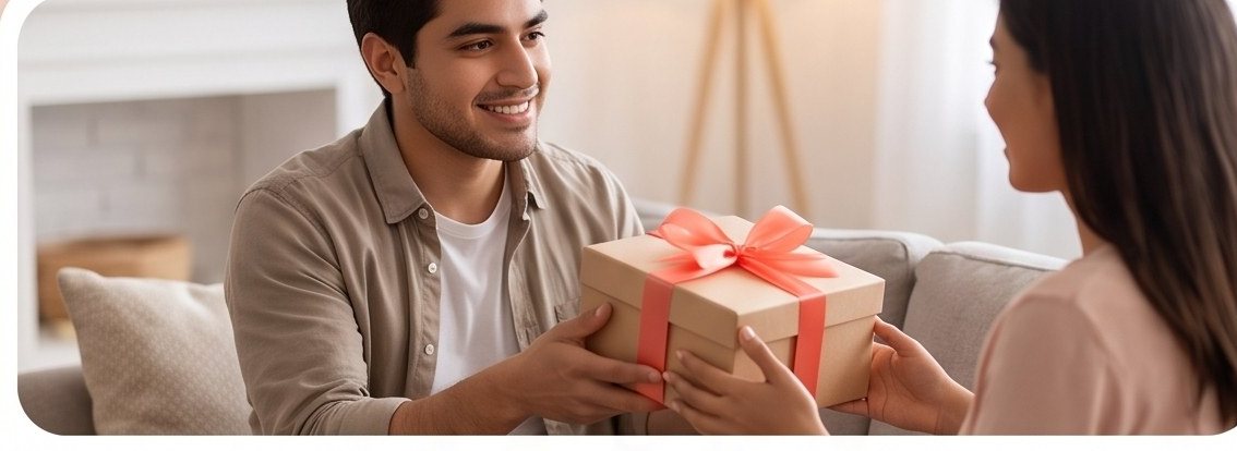 Un hombre le entrega una caja de regalo a su pareja