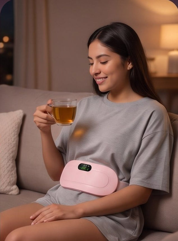 Mujer en el sillón con una taza de té y el cinturón puesto