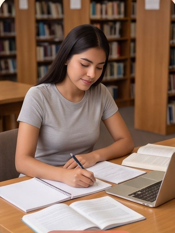 Estudiante en la biblioteca con el cinturón puesto