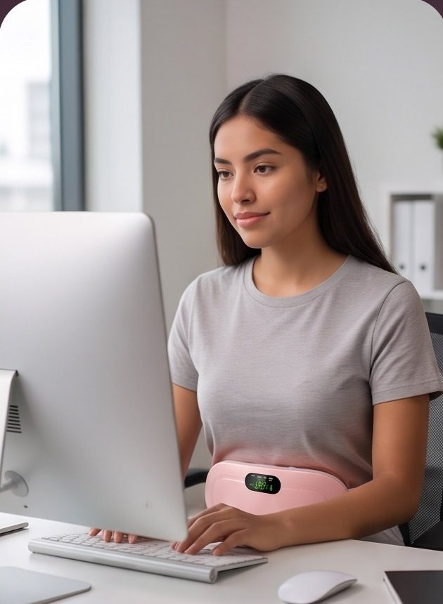 Mujer trabajando en su escritorio con el cinturón puesto