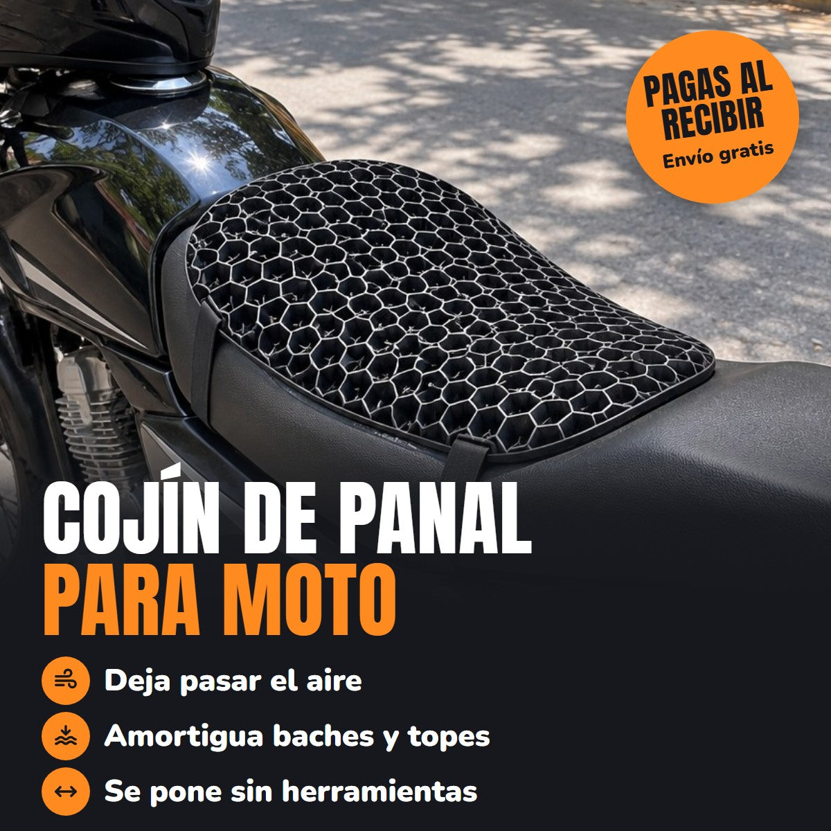 Cojín de panal para moto: deja pasar el aire, amortigua baches y topes, se pone sin herramientas