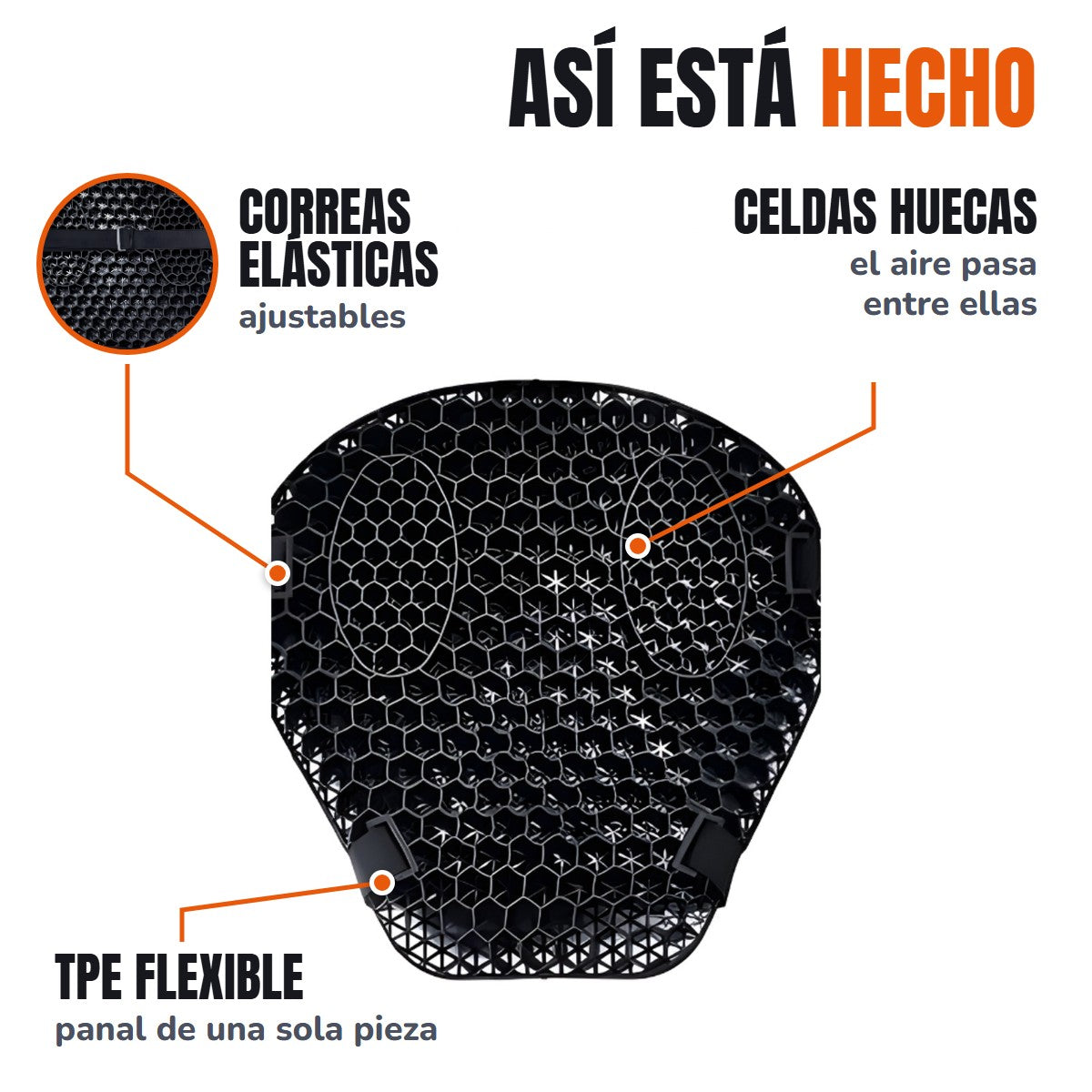 Así está hecho: correas elásticas ajustables, celdas huecas y TPE flexible