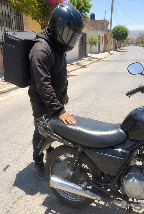 Repartidor toca el asiento de su moto bajo el sol