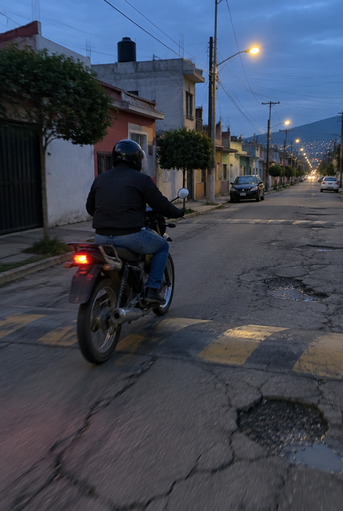 Motociclista pasa un tope en una calle con baches