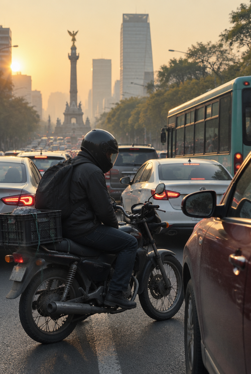 Motociclista en el tráfico de la mañana