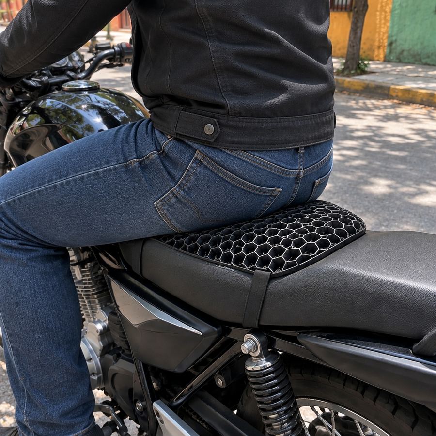 Hombre sentado en la moto sobre el cojín