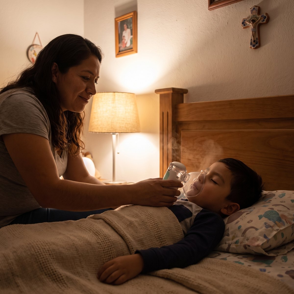 Una mamá nebuliza a su hijo en la cama, de noche