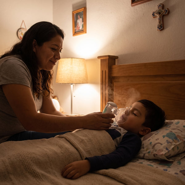 Mamá nebuliza a su hijo en la cama