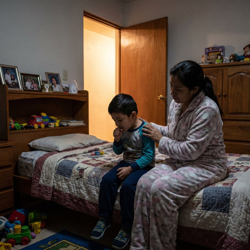 Un niño tose en la cama de madrugada y su mamá lo acompaña
