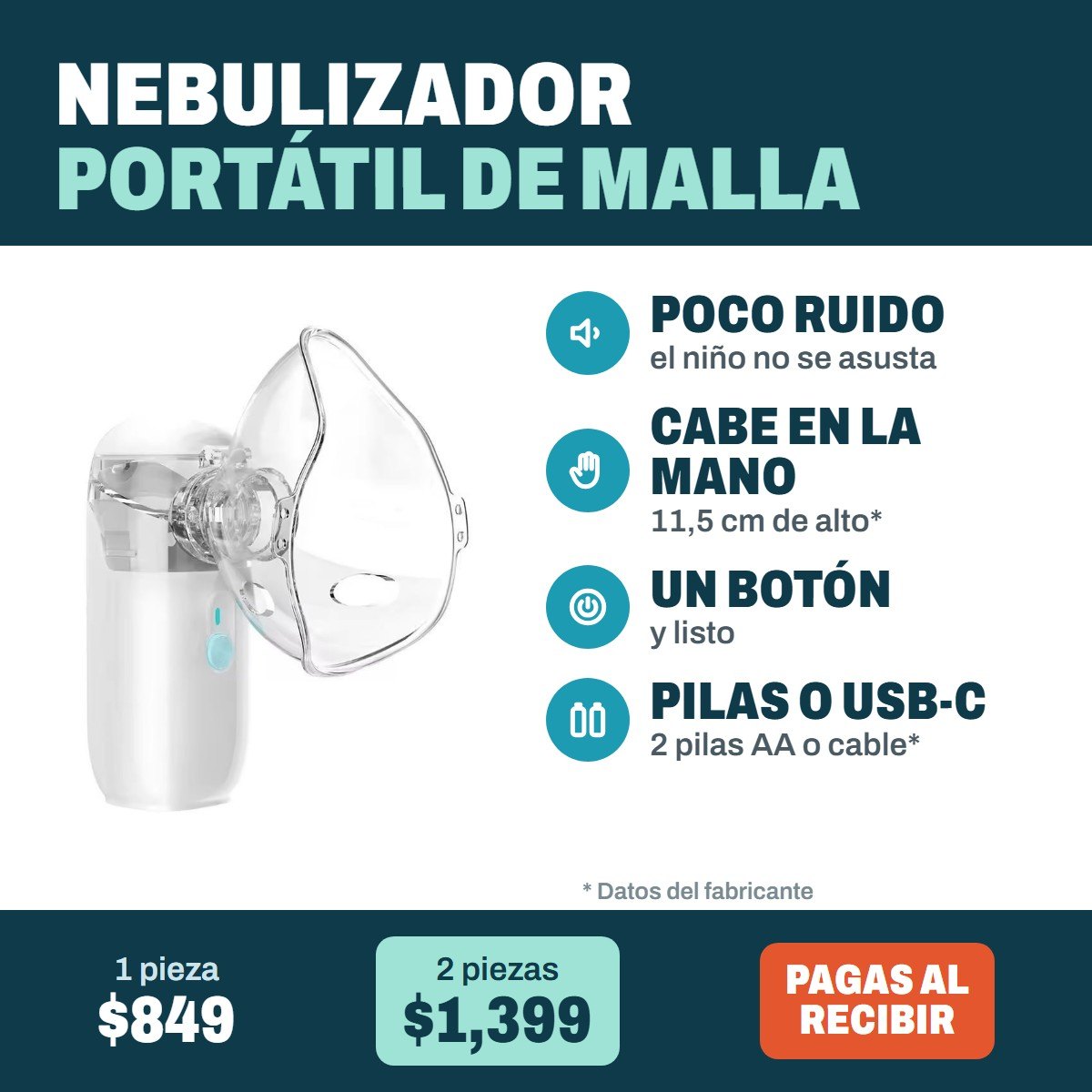 Nebulizador portátil de malla: poco ruido, cabe en la mano, un botón, pilas o USB-C. 1 pieza $849, 2 piezas $1,399, pagas al recibir