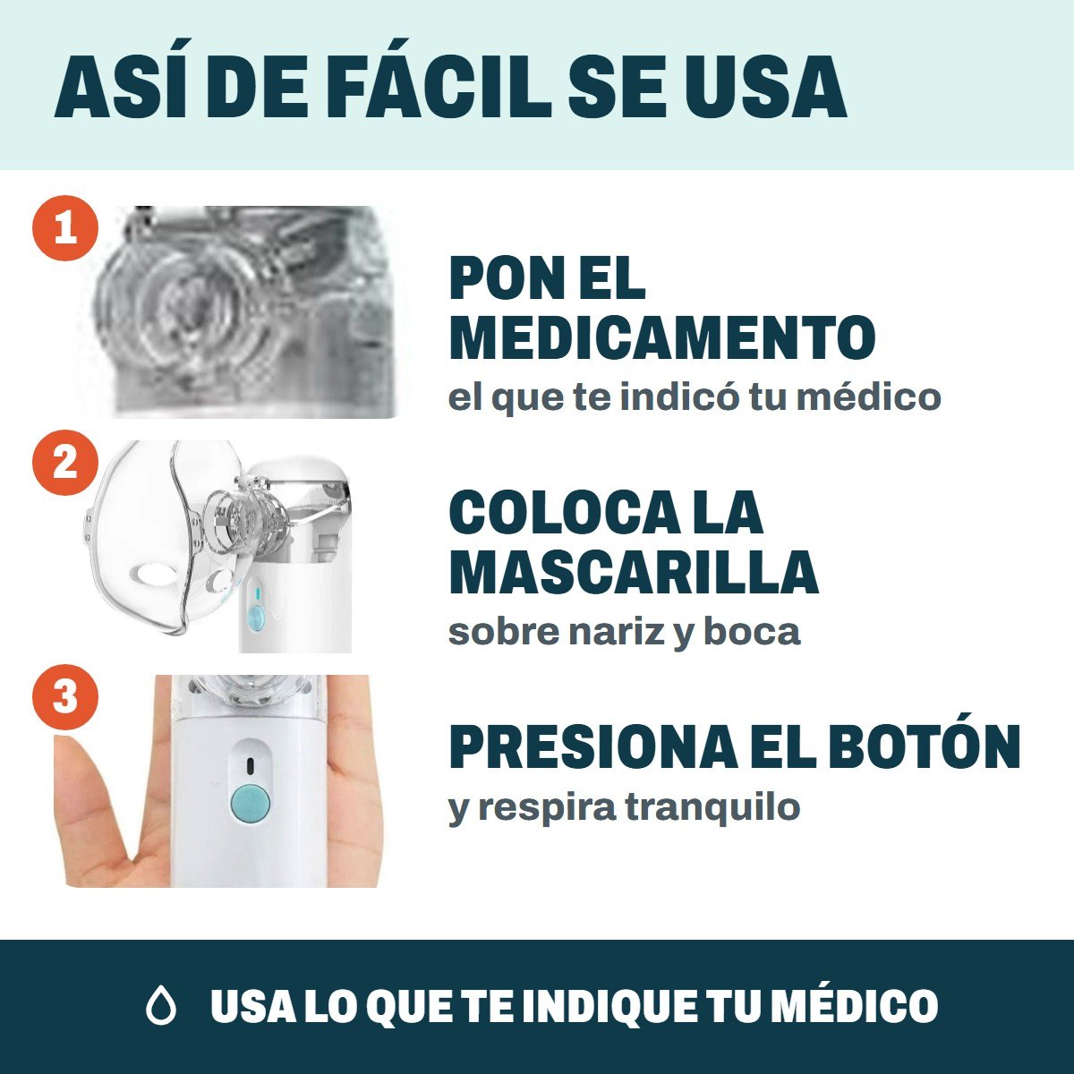 Así se usa: pon el medicamento que te indicó tu médico, coloca la mascarilla y presiona el botón
