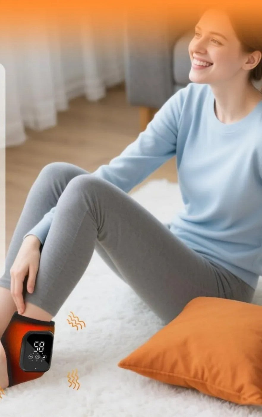 Mujer sonriendo sentada en casa con la tobillera puesta